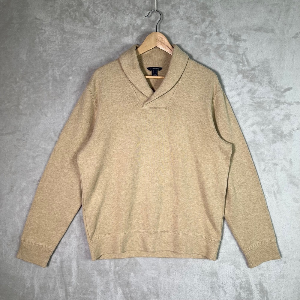 Lands End Mens M Shawl Collar Sweatshirt Beige Pullover Cozy Classic